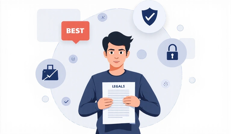 Ilustración de una persona leyendo un documento legal con iconos de privacidad